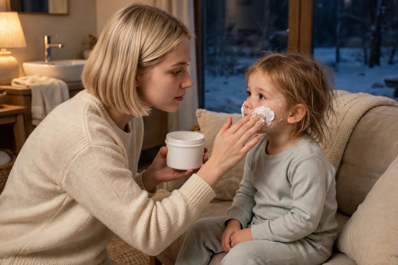 Mother applying thicker nighttime cream layer to girl's cheeks before bed