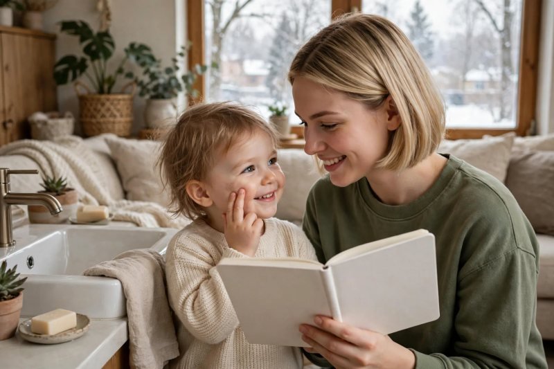 Mother checking girl's softer cheeks while holding a blank notebook