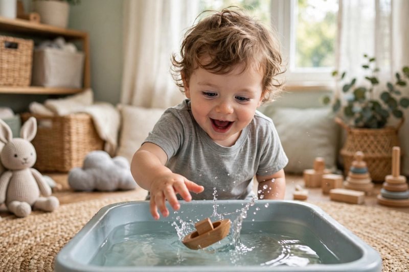 Toddler drops a wooden toy boat into a water tub to test whether it floats