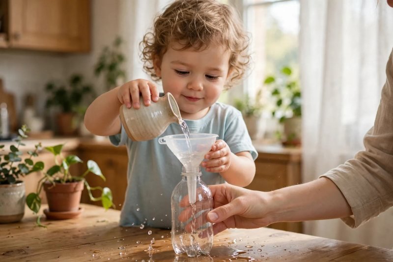 Toddler pouring water through a funnel into a bottle steadied by her mother's hand
