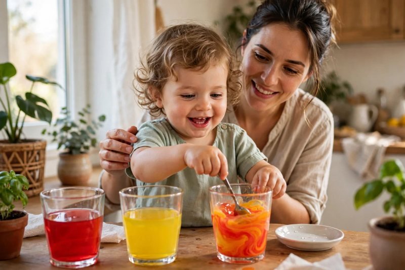 Mother guiding her toddler as red and yellow water blend into orange in cups