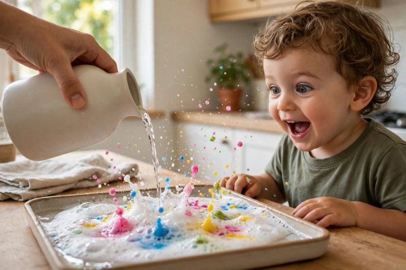 Delighted toddler watching an adult pour water over colorful fizzing drops on a tray