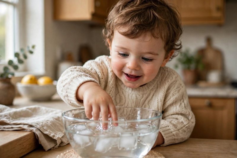 Curious toddler touching ice cubes melting in a bowl of water