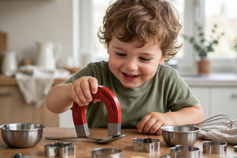 Toddler holding a large red horseshoe magnet lifting a metal spoon during a magnet hunt