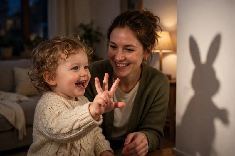 Toddler giggling as her hand casts a large bunny shadow on a lamplit wall