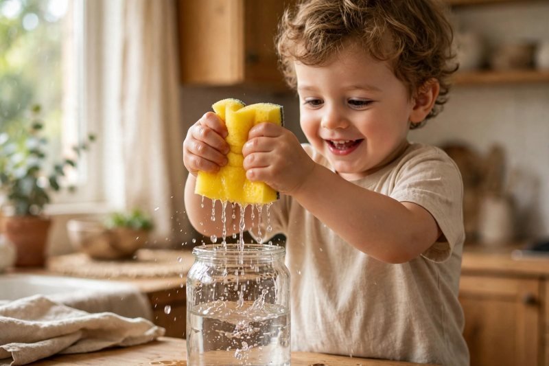 Toddler squeezing a yellow sponge to make rain droplets fall into a glass jar