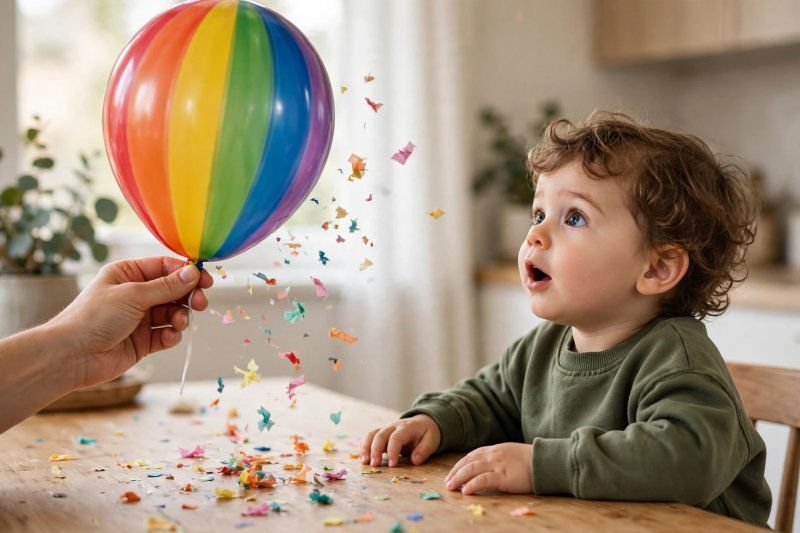 Toddler watching in amazement as a balloon's static lifts tiny paper pieces off the table