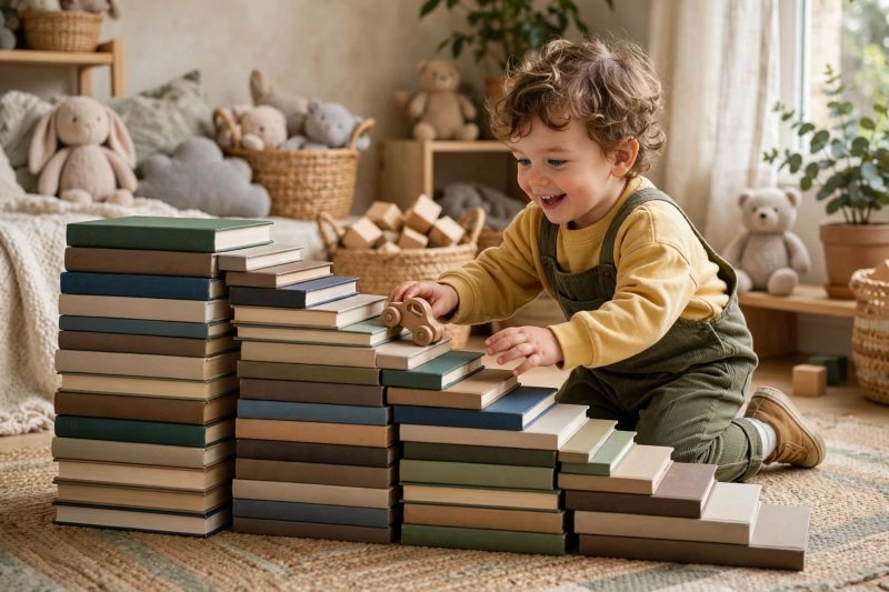Toddler rolling a wooden toy car down a ramp built from stacked books