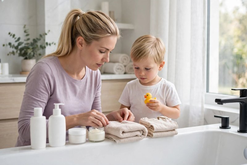 A mother arranges blank-label bath products, towel and clothes beside the bathtub neatly.