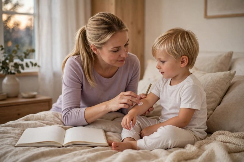 A mother applies evening cream while a blank notebook rests beside them ready.