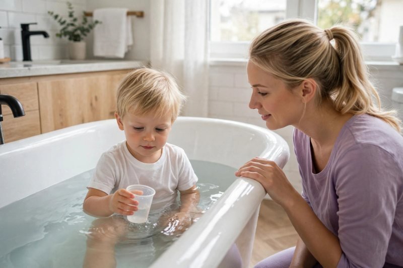 A toddler soaks calmly in clear lukewarm bath water holding a small cup.
