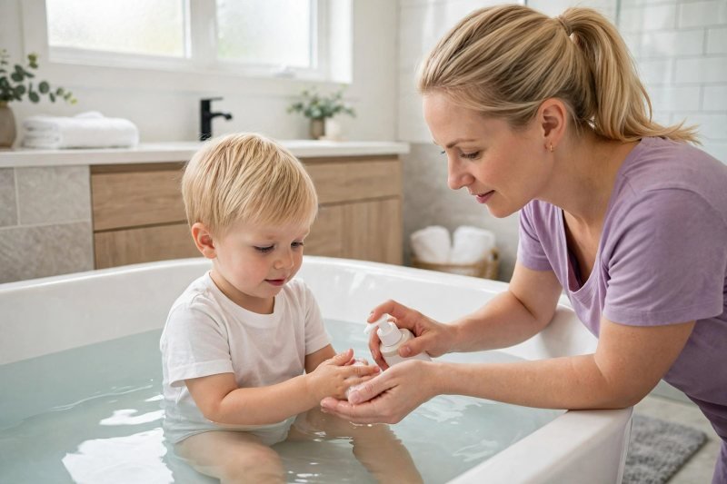 A mother gently washes her toddler's hands with cleanser in the bath carefully.