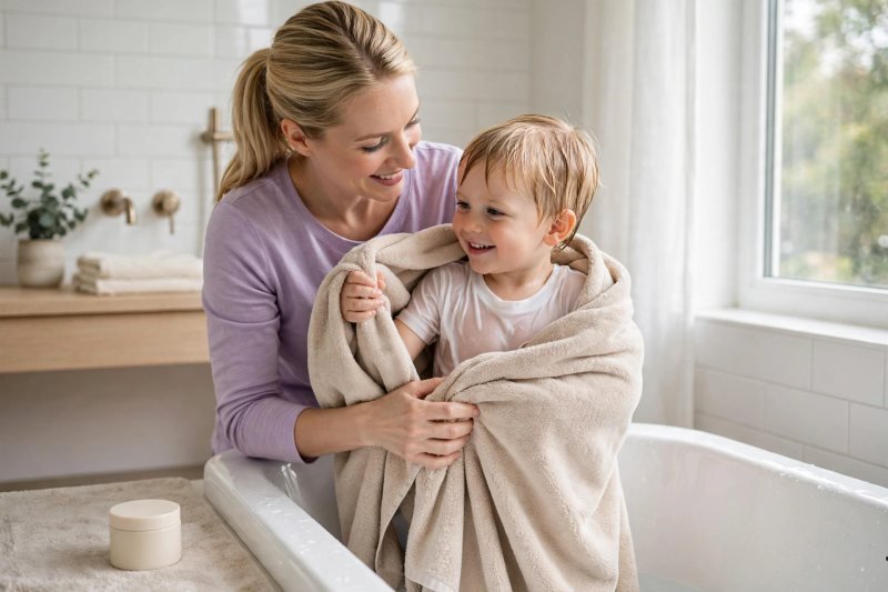 A mother lifts her smiling toddler from the bath into a soft towel.