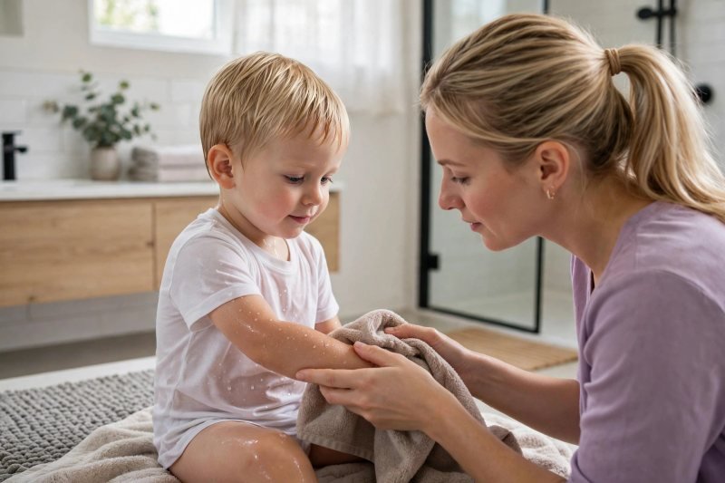 A mother pats her toddler's damp arm dry gently with a soft towel.