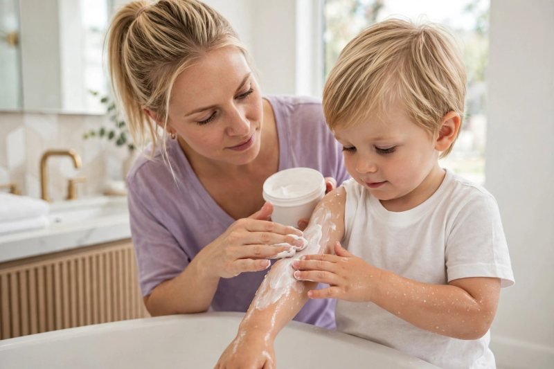 A mother seals moisture by smoothing thick cream over her toddler's damp arm.