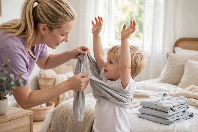 A toddler raises both arms while mother pulls on a soft cotton shirt.