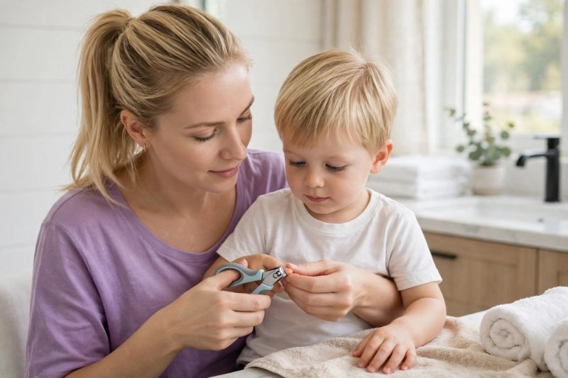 A mother carefully trims her calm toddler's fingernails short after his bath time.