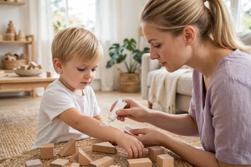 A mother dabs cream onto a dry patch while toddler plays with blocks.
