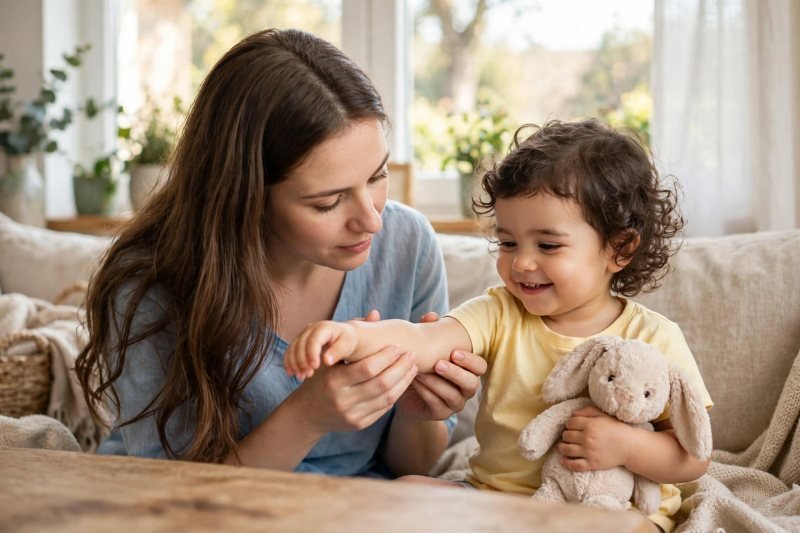 A mother gently checks her toddler's arm skin beside a bright living-room window.