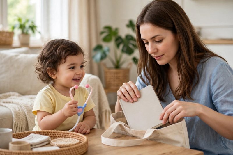 A mother packs a notebook for a doctor visit while toddler holds stethoscope.