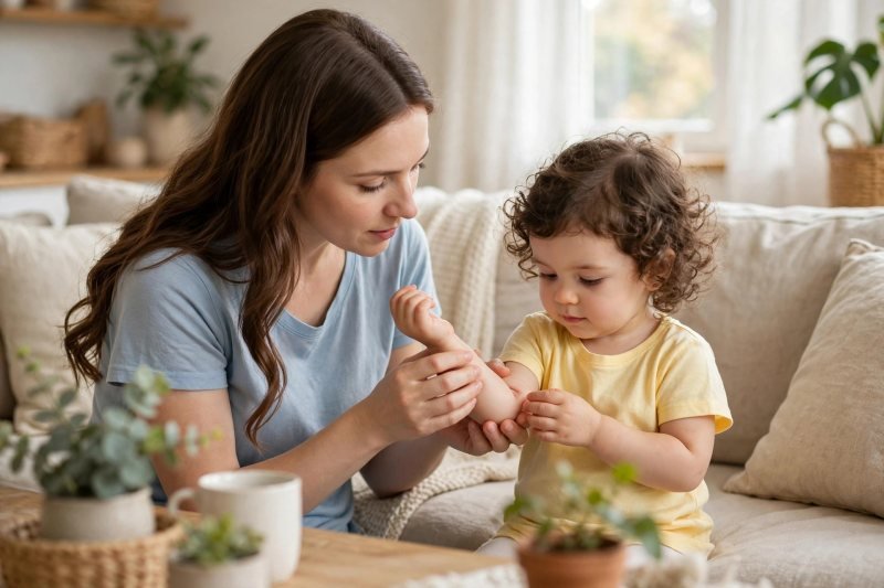 A mother softly holds her toddler's arm while checking the elbow crease together.