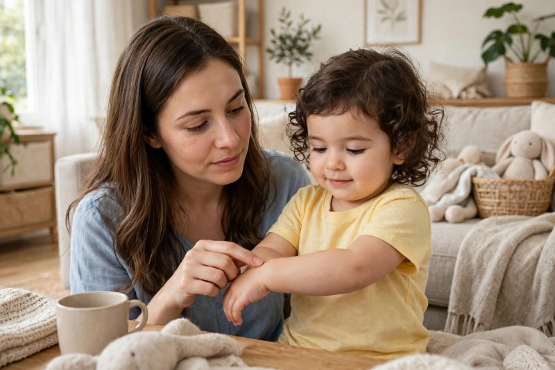 A mother lightly touches the skin beside a mild dry patch on forearm.