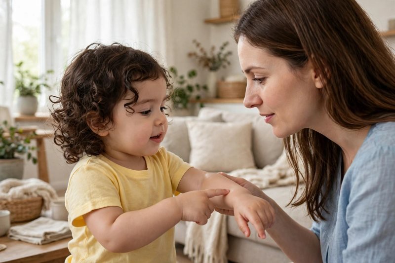 A toddler points to her own forearm showing her mother where it itches.