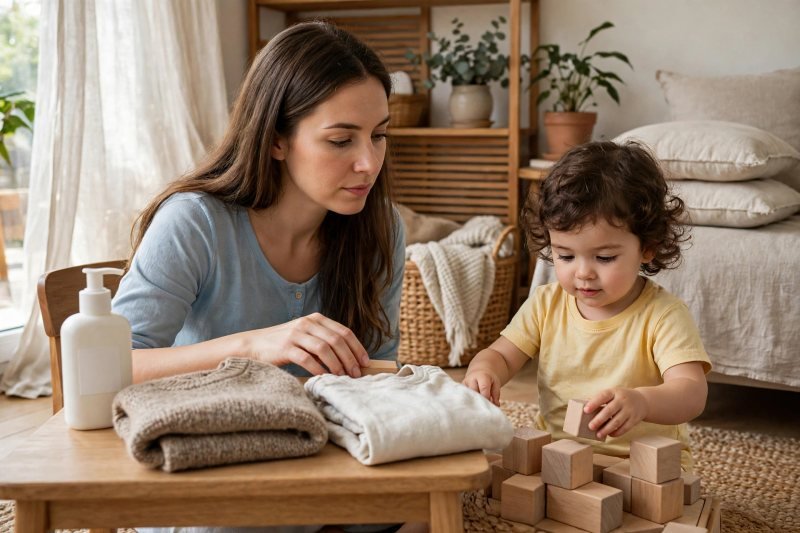A mother considers soap and clothing fabrics while her toddler plays with blocks.