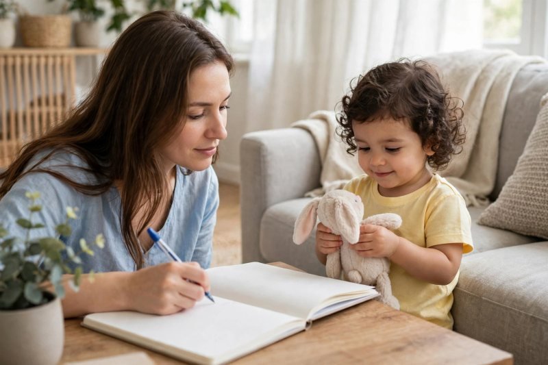 A mother writes notes in a blank notebook while her toddler holds bunny.