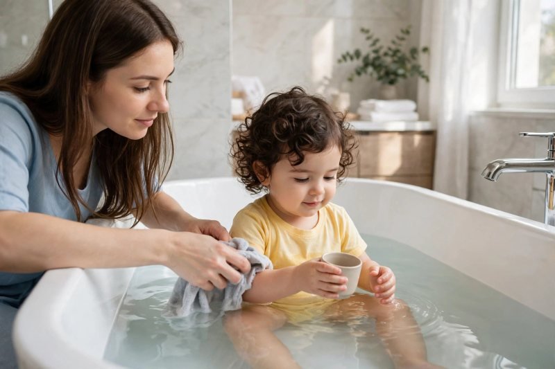 A mother washes her toddler's arm gently with a cloth in the bath.