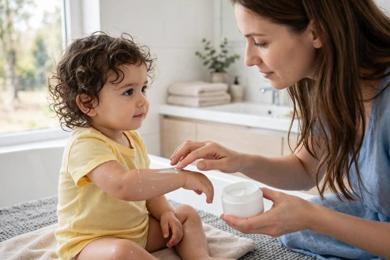 A mother smooths moisturizer onto her toddler's damp arm after her bath gently.