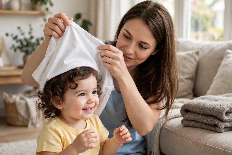 A mother helps her toddler into a soft white cotton shirt at home.