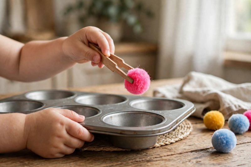 Child's hands using wooden kitchen tweezers to lift a pompom into a muffin tin