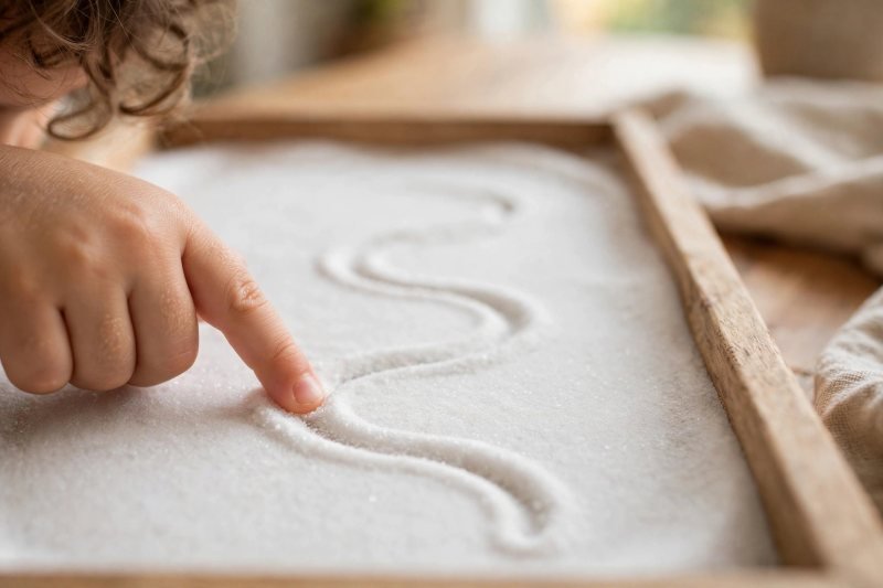 A child's fingertip tracing a wavy line in a shallow tray of white salt