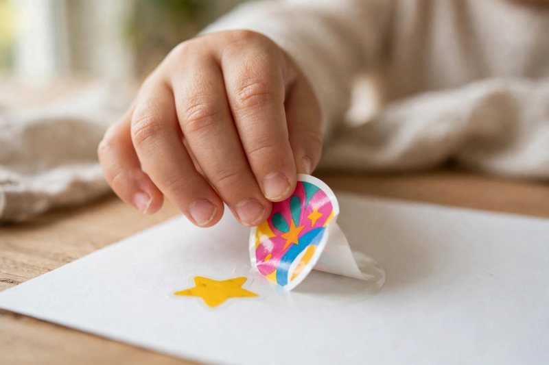 Small fingers peeling a colourful sticker off a backing sheet onto white paper