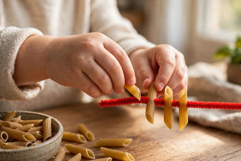 A preschooler threading dried penne pasta onto a red pipe cleaner