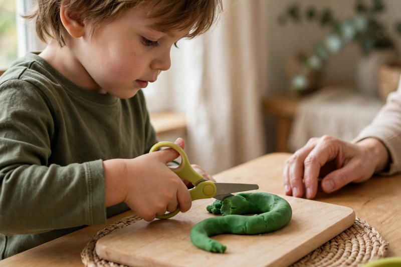Child-safe scissors snipping a green playdough snake on a wooden board
