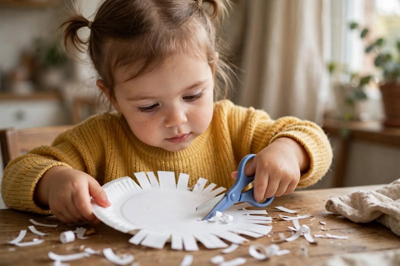 A preschooler cutting slits around a paper plate to make a lion's mane