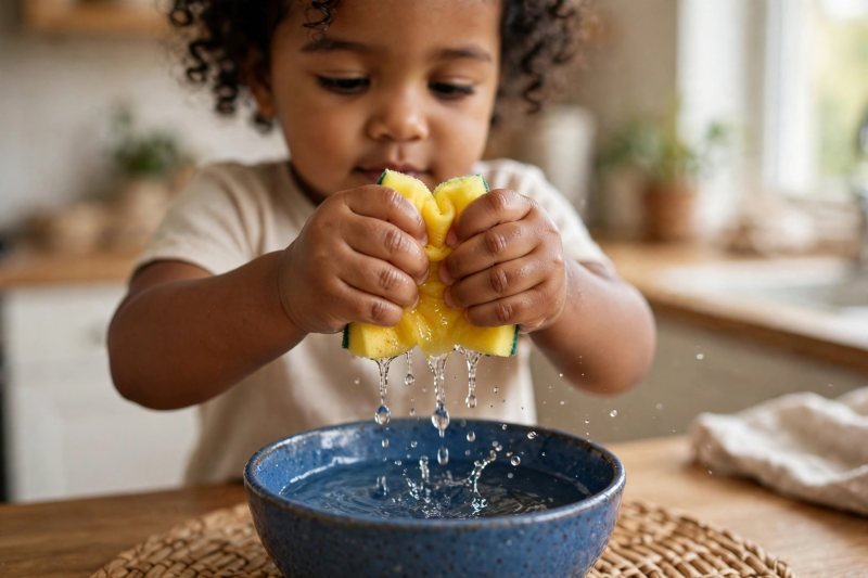 Small hands squeezing a yellow sponge over a blue bowl with droplets falling