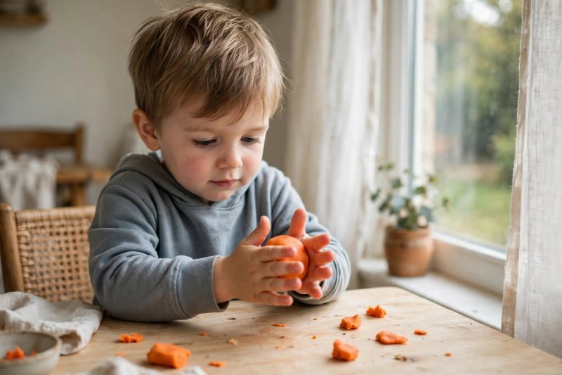A child rolling an orange playdough ball between both palms on a wooden table