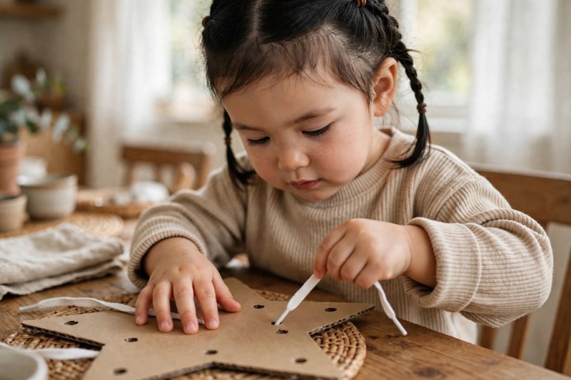 A preschooler threading a shoelace through punched holes in a cardboard star