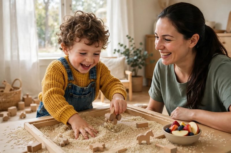 Boy digging in a rice sensory bin for hidden toys beside a fruit snack.