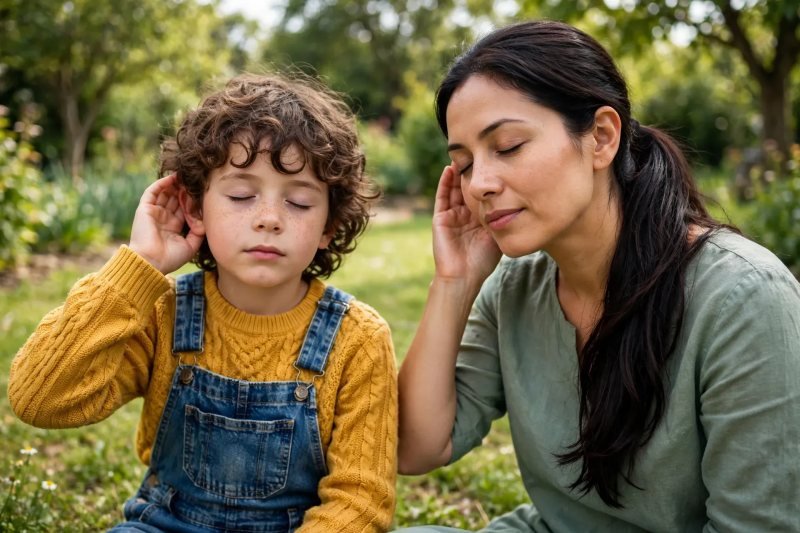 Mother and child sitting on garden grass listening with hands cupped behind ears.