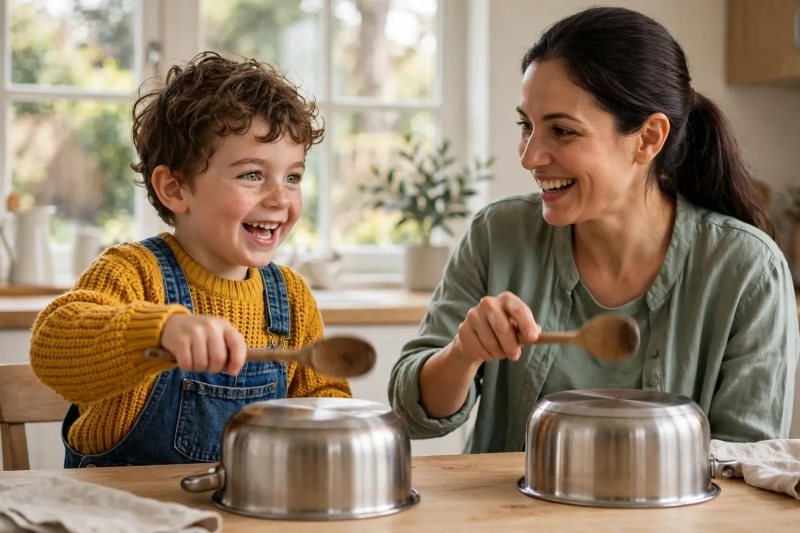 Boy drumming an upside-down pot with a wooden spoon as his mother taps along.