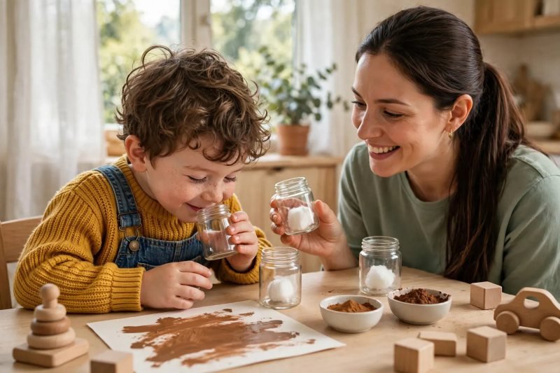 Preschooler sniffing a scented cotton-ball jar beside bowls of cinnamon and cocoa.