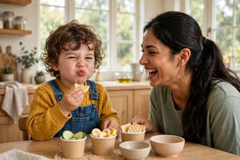 Boy puckering after tasting a lemon wedge while his mother laughs beside him.