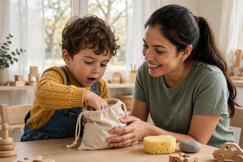 Preschooler feeling inside a cloth mystery bag without looking, mother steadying it.