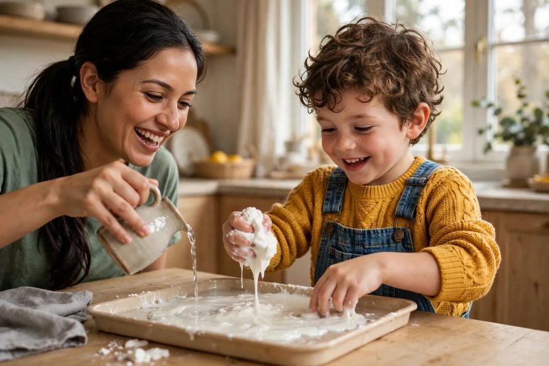 Boy's hands poking white oobleck in a tray as his mother pours water nearby.