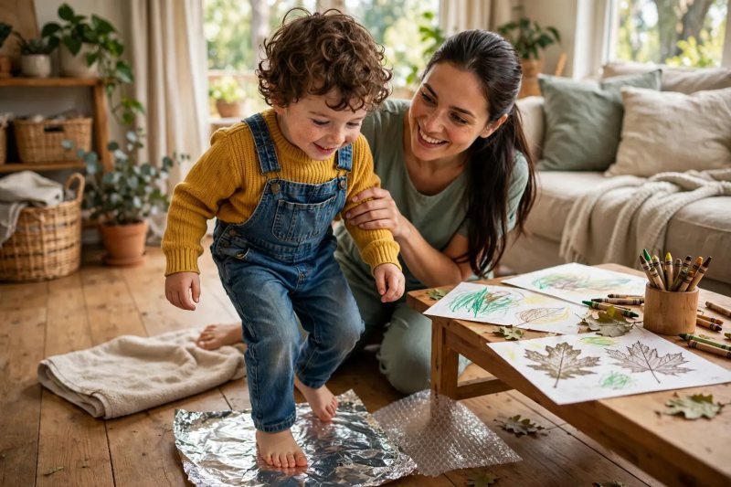 Preschooler walking barefoot over foil and bubble wrap while his mother guides him.