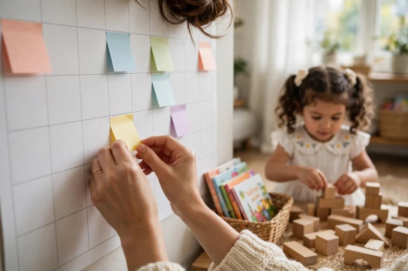 Mother pinning blank sticky notes on a wall calendar while daughter plays with blocks